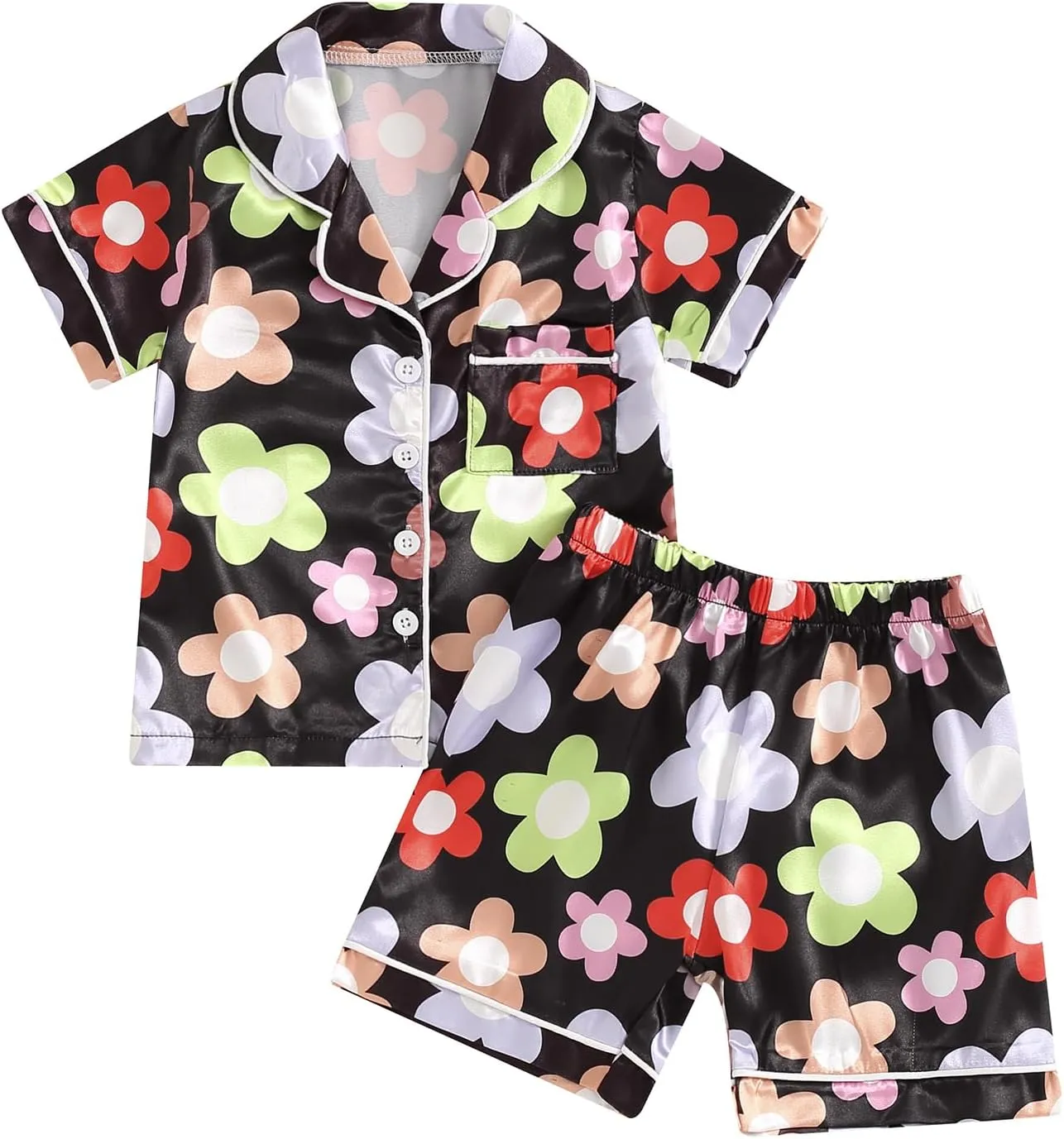 Kids Toddler Girls Pajamas Baby Short Sleeve Lapel Button Down Tops   Shorts Satin Silk Sleepwear Summer Loungewear