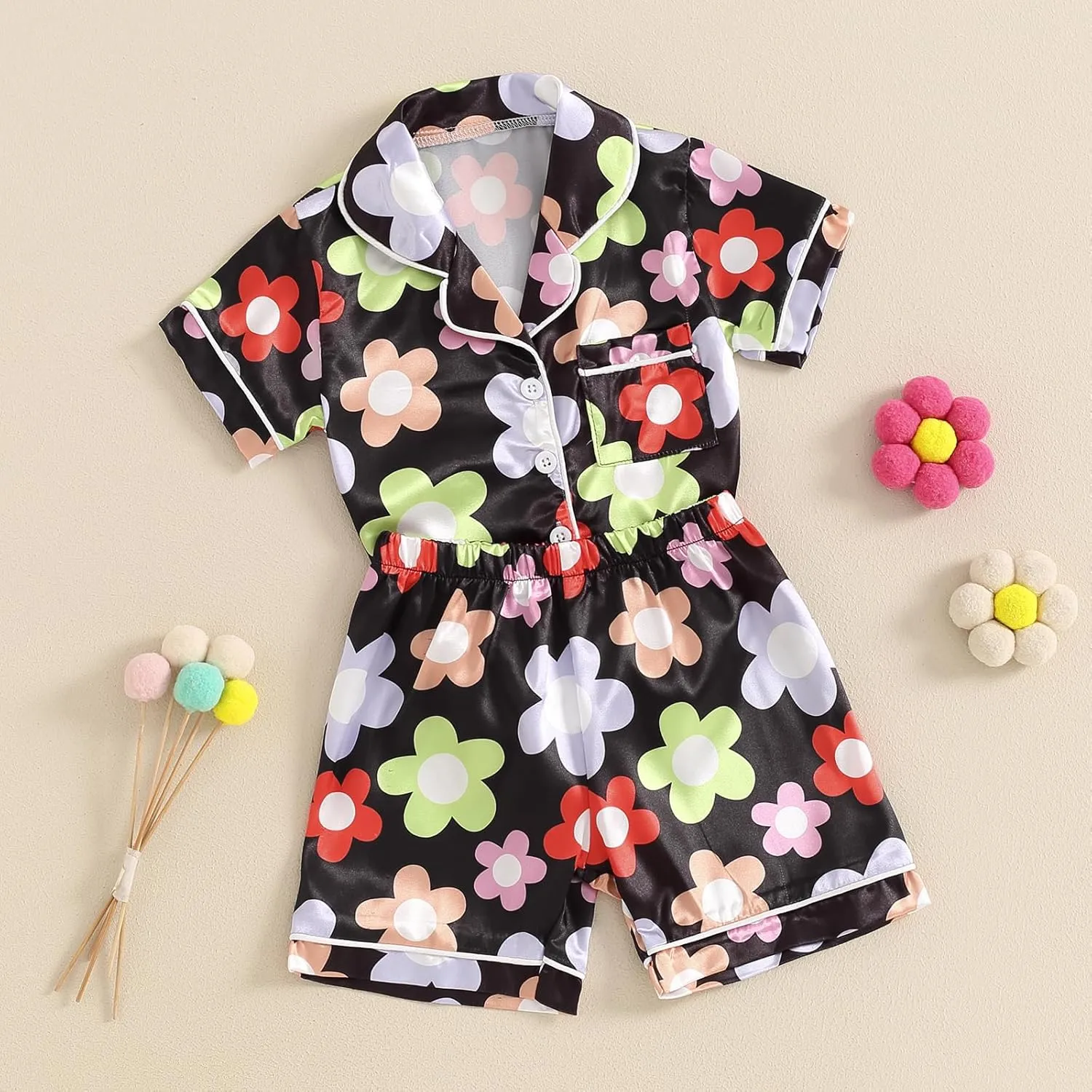 Kids Toddler Girls Pajamas Baby Short Sleeve Lapel Button Down Tops   Shorts Satin Silk Sleepwear Summer Loungewear