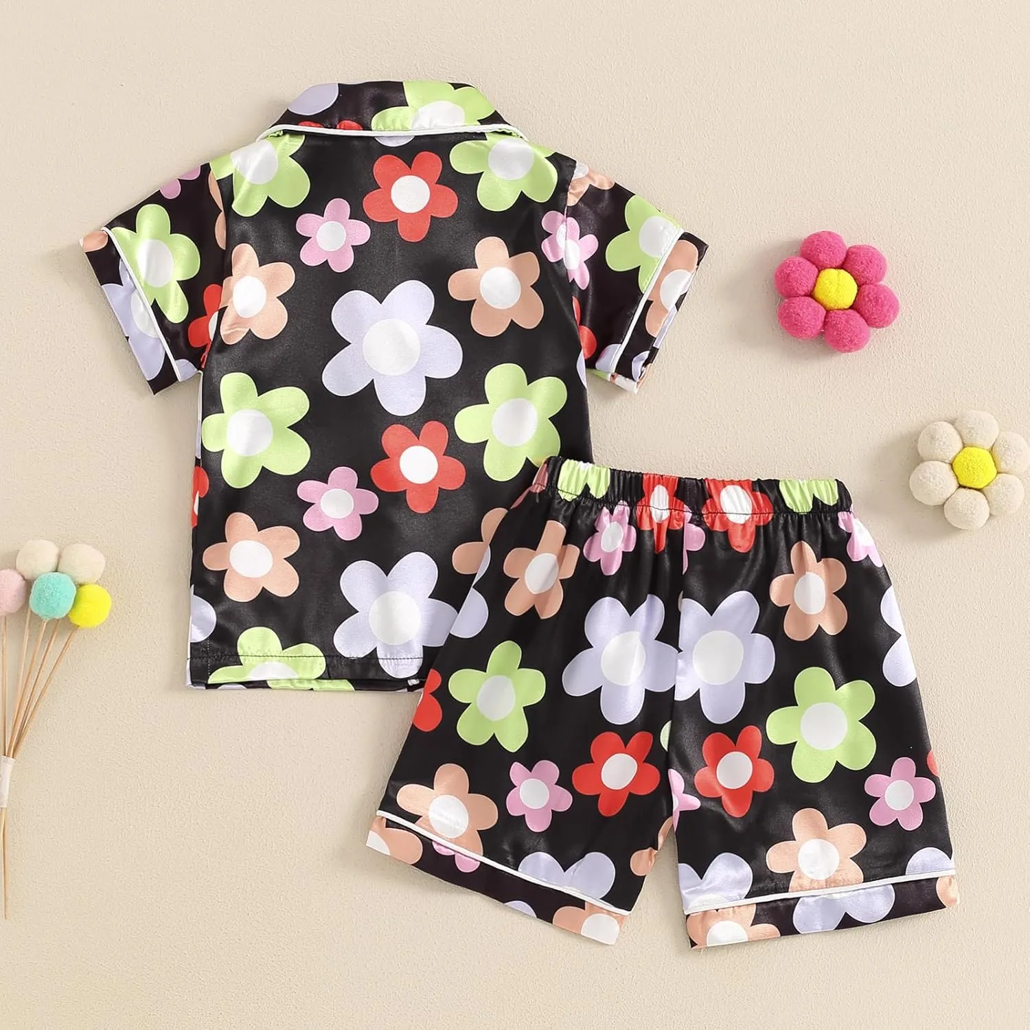 Kids Toddler Girls Pajamas Baby Short Sleeve Lapel Button Down Tops   Shorts Satin Silk Sleepwear Summer Loungewear