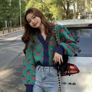 Knitted Cardigan With Cherry Pattern