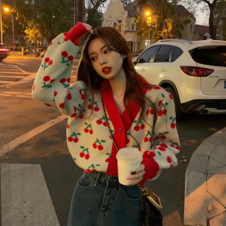 Knitted Cardigan With Cherry Pattern