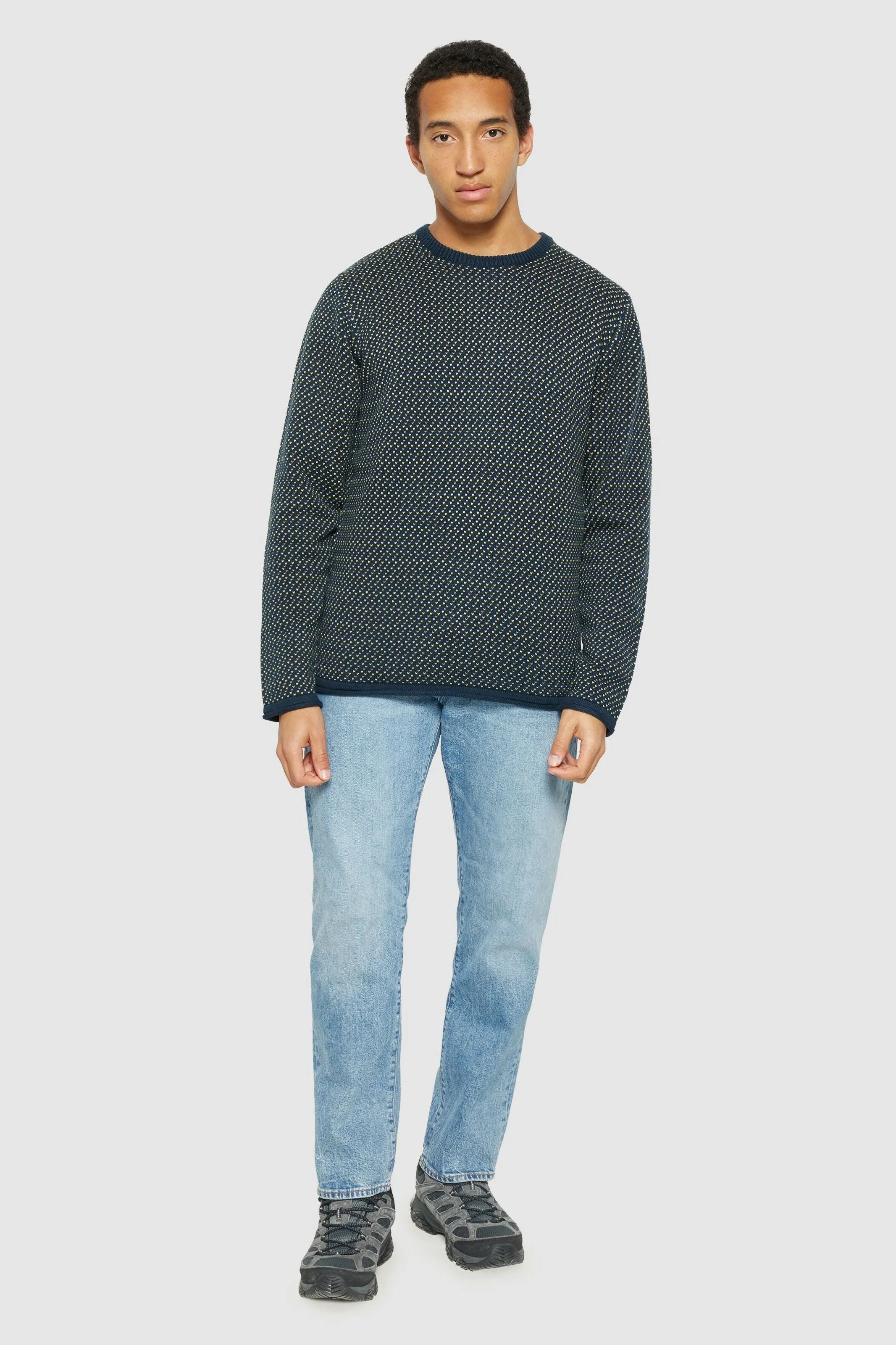 Knowledge Cotton Jacquard Crew Neck Knit - Regenerative Organic CertifiedTM - GOTS/Vegan