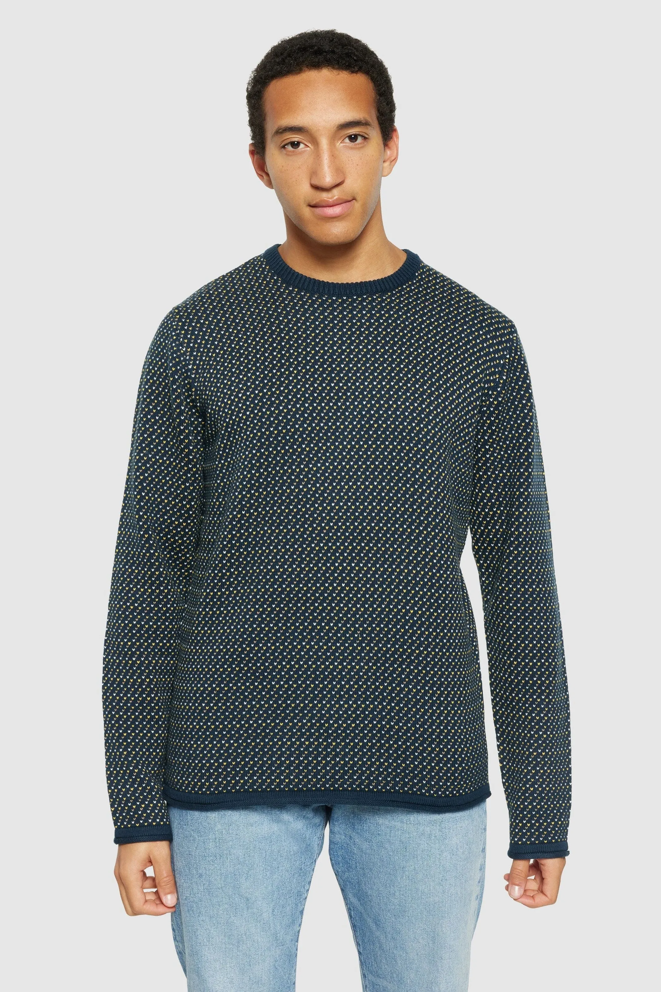Knowledge Cotton Jacquard Crew Neck Knit - Regenerative Organic CertifiedTM - GOTS/Vegan