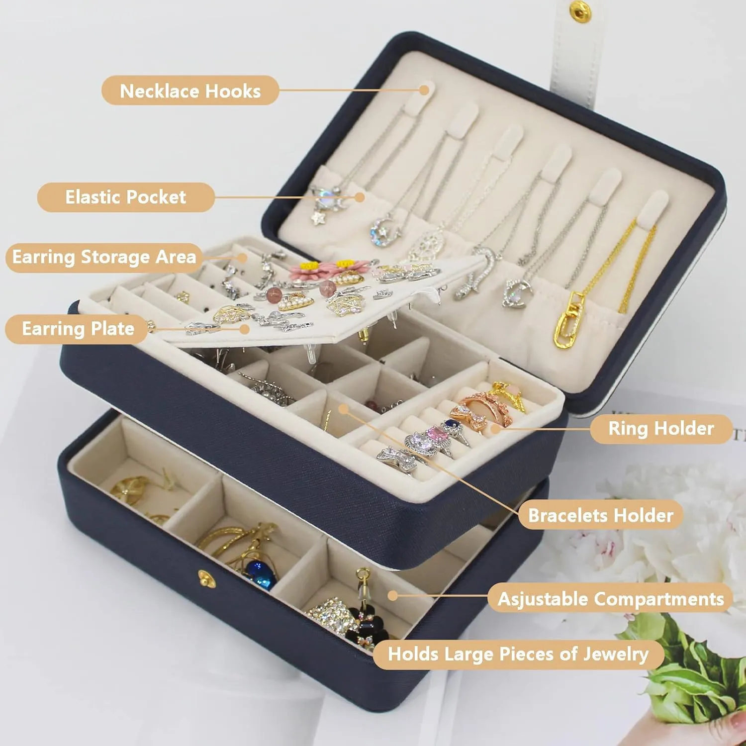 KOOAAICCHI Small Jewelry Box, Travel Jewelry Organizer, Portable Jewelry boxes for Women Girls Gift, Double Layers PU Leather Jewelry Holder for Rings, Earrings, Necklaces-Blue