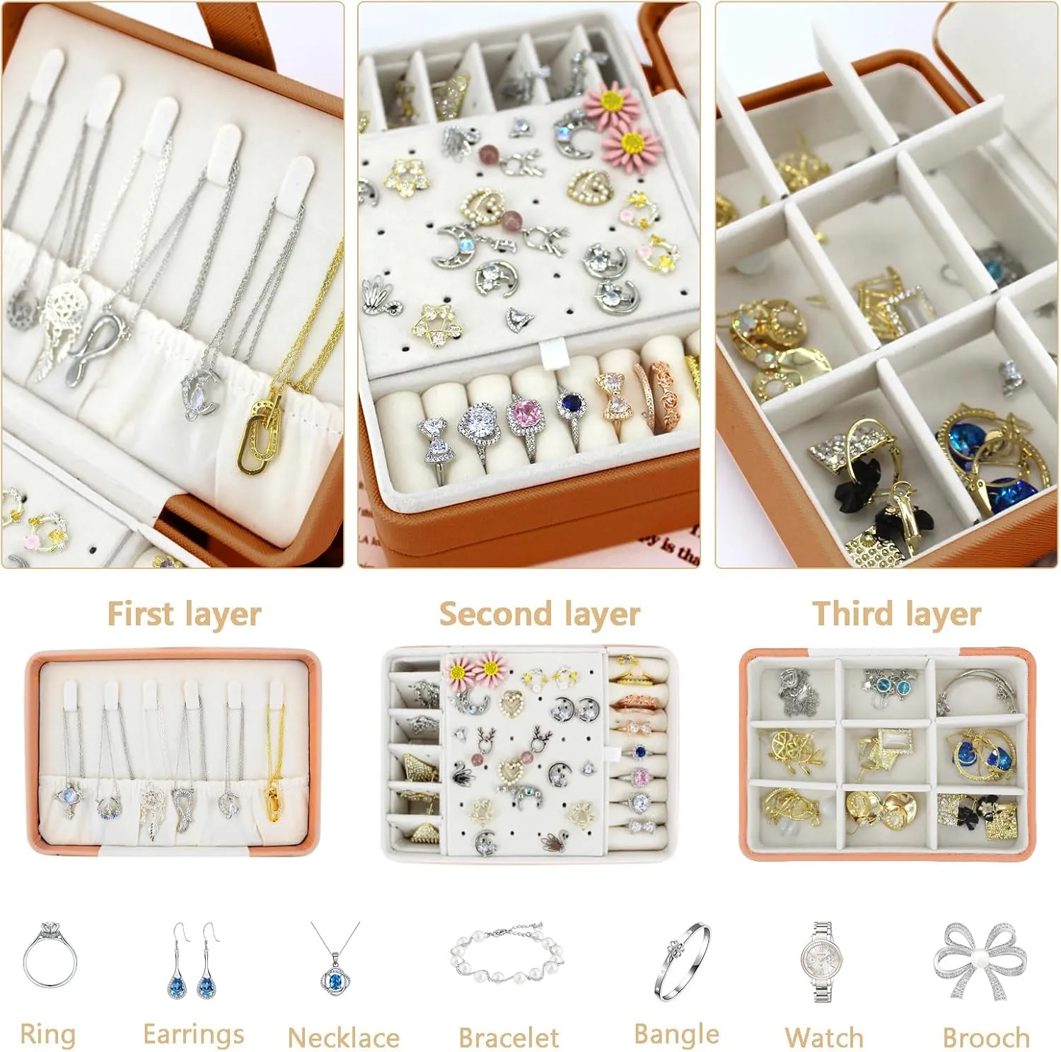KOOAAICCHI Small Jewelry Box, Travel Jewelry Organizer, Portable Jewelry boxes for Women Girls Gift, Double Layers PU Leather Jewelry Holder for Rings, Earrings, Necklaces-Brown
