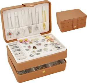 KOOAAICCHI Small Jewelry Box, Travel Jewelry Organizer, Portable Jewelry boxes for Women Girls Gift, Double Layers PU Leather Jewelry Holder for Rings, Earrings, Necklaces-Brown