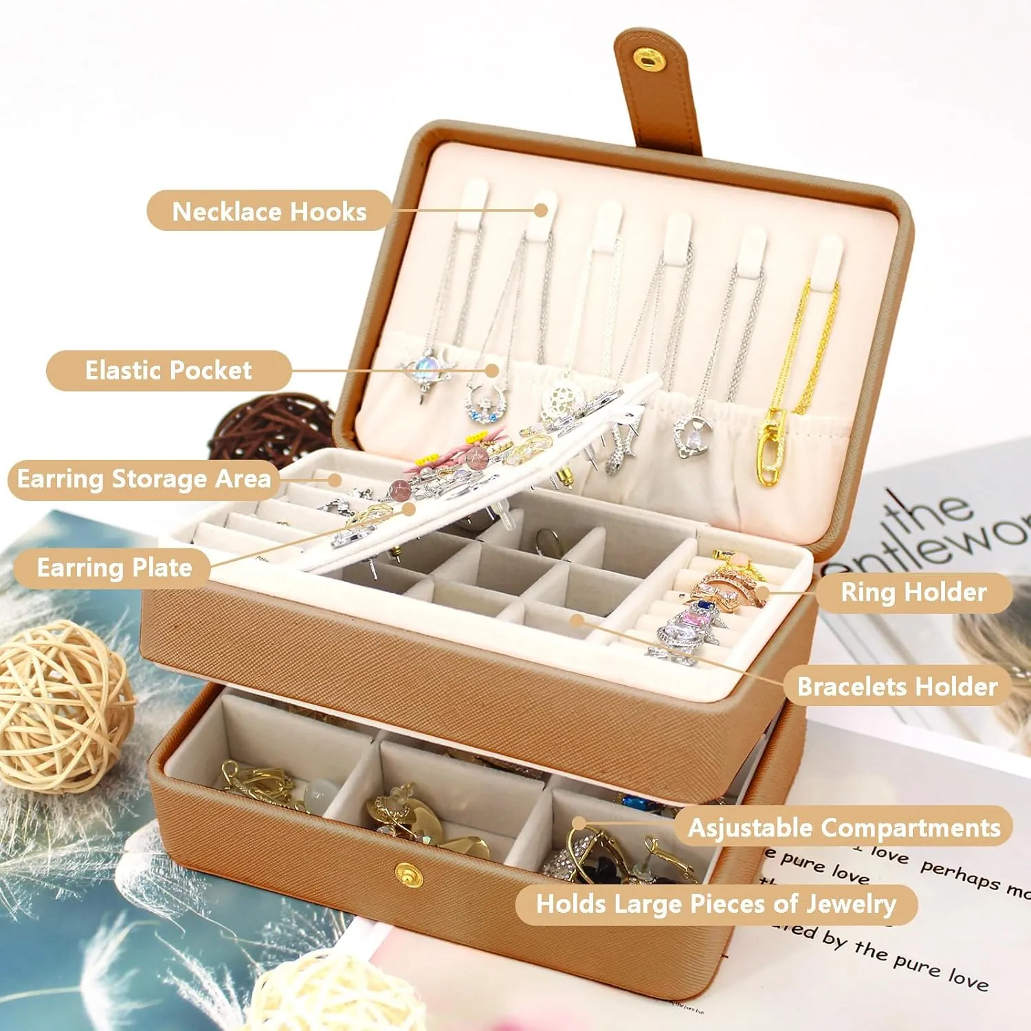 KOOAAICCHI Small Jewelry Box, Travel Jewelry Organizer, Portable Jewelry boxes for Women Girls Gift, Double Layers PU Leather Jewelry Holder for Rings, Earrings, Necklaces-Brown