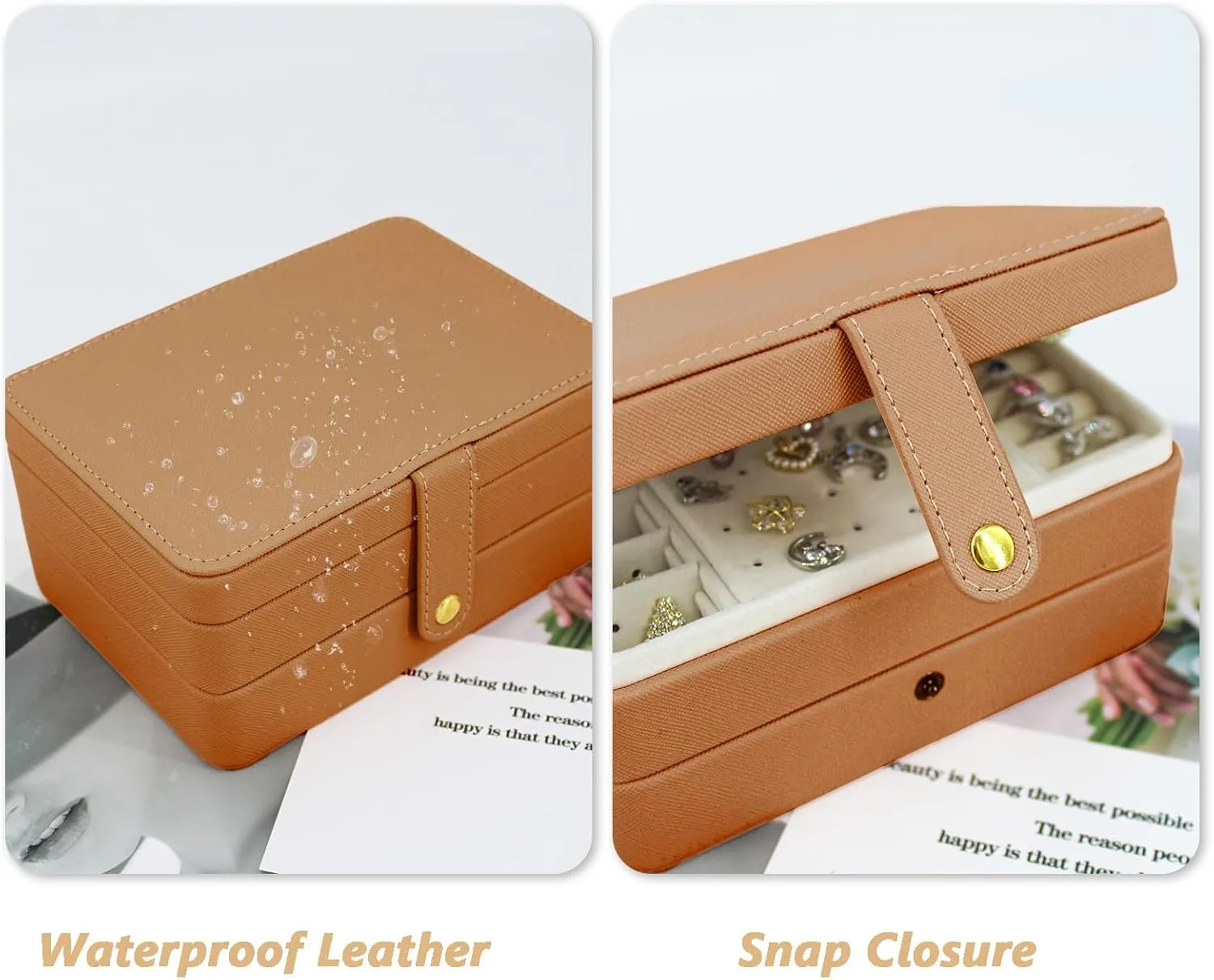 KOOAAICCHI Small Jewelry Box, Travel Jewelry Organizer, Portable Jewelry boxes for Women Girls Gift, Double Layers PU Leather Jewelry Holder for Rings, Earrings, Necklaces-Brown