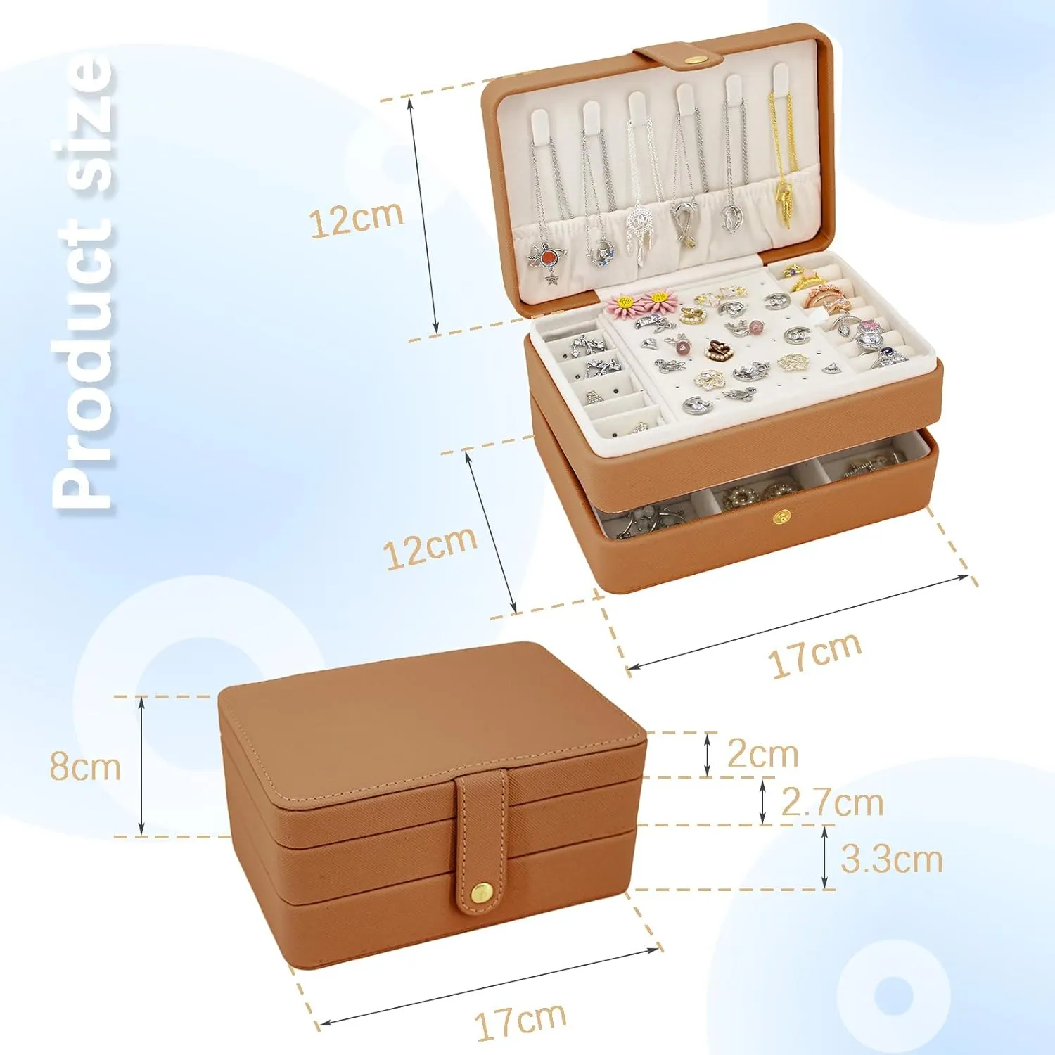 KOOAAICCHI Small Jewelry Box, Travel Jewelry Organizer, Portable Jewelry boxes for Women Girls Gift, Double Layers PU Leather Jewelry Holder for Rings, Earrings, Necklaces-Brown