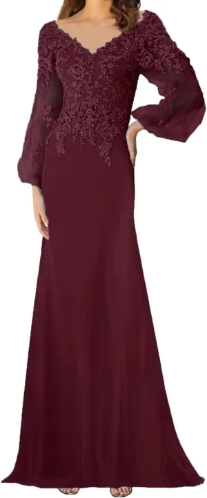 Lace Appliques Mother of The Bride Dress with Sleeves Chiffon Formal Evening Dresses for WomenWedding Reception Gowns