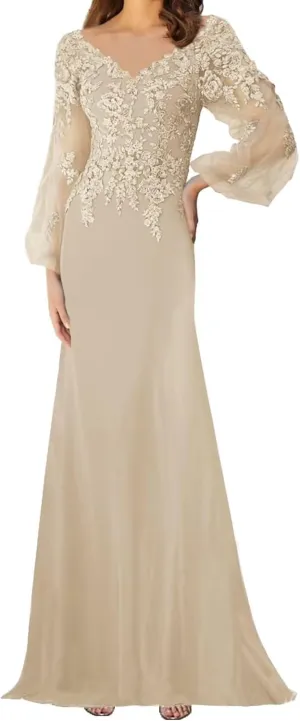 Lace Appliques Mother of The Bride Dress with Sleeves Chiffon Formal Evening Dresses for WomenWedding Reception Gowns