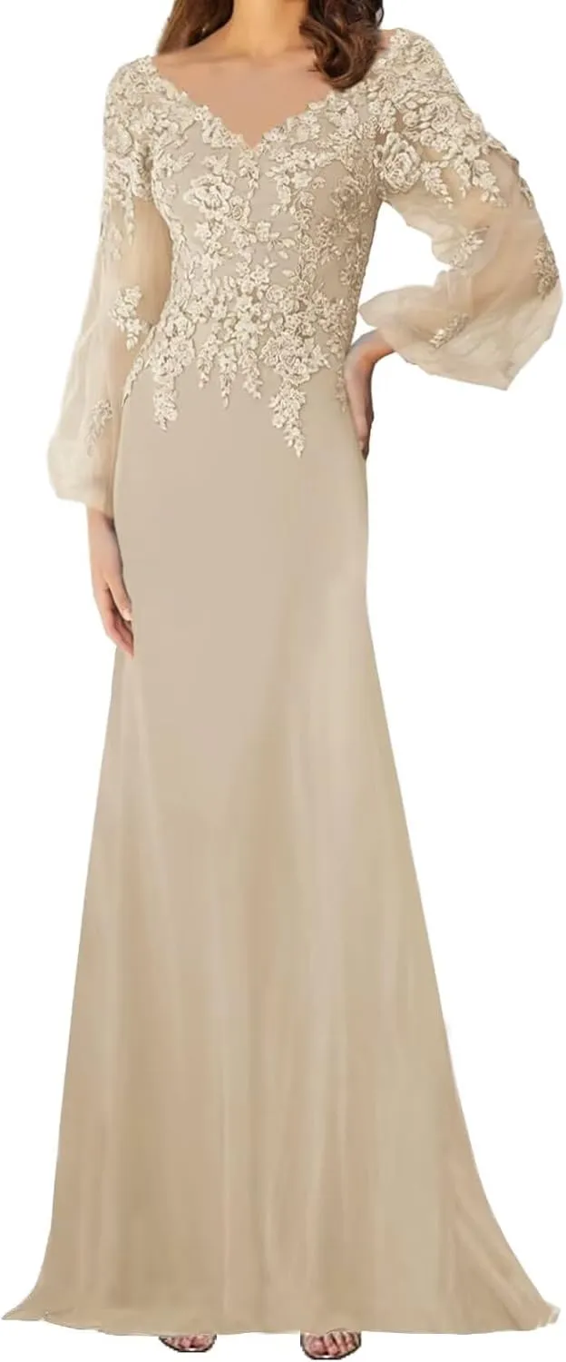 Lace Appliques Mother of The Bride Dress with Sleeves Chiffon Formal Evening Dresses for WomenWedding Reception Gowns