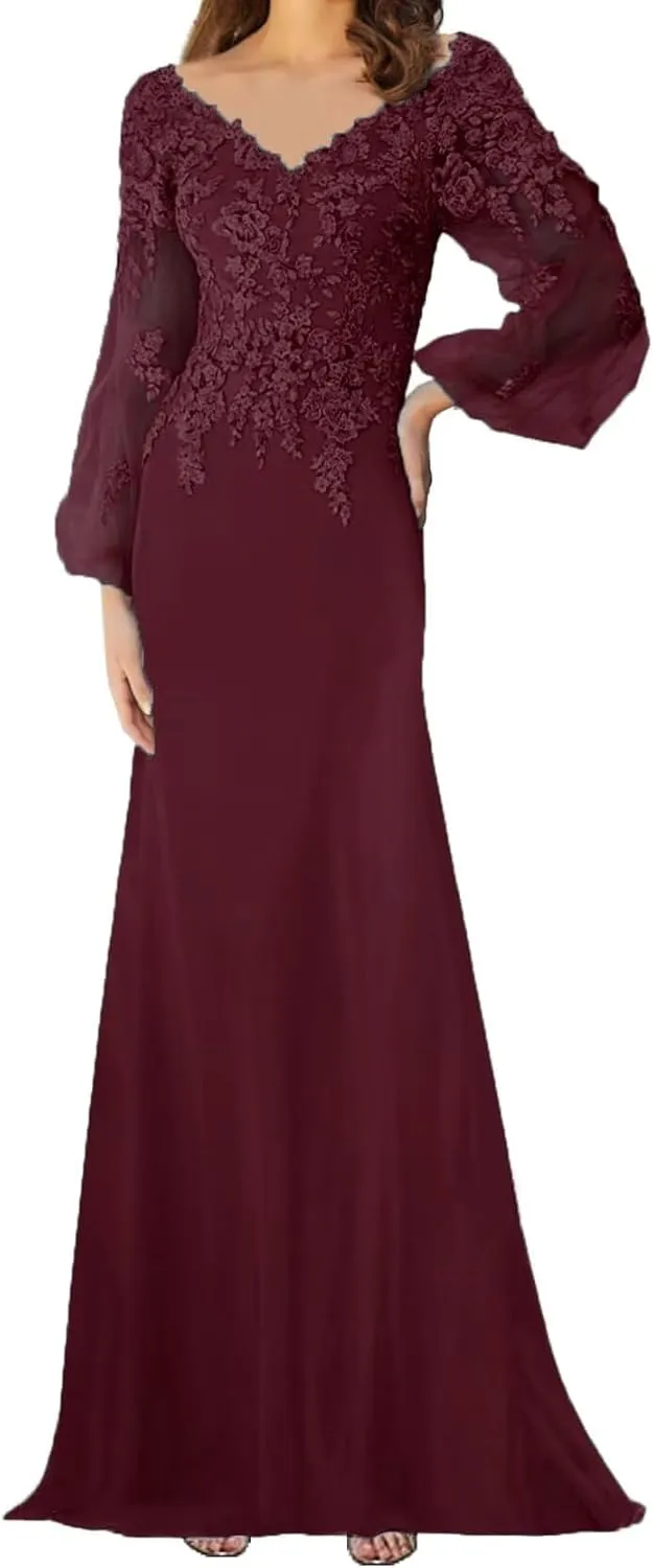 Lace Appliques Mother of The Bride Dress with Sleeves Chiffon Formal Evening Dresses for WomenWedding Reception Gowns