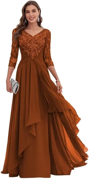 Lace Appliques Mother of The Bride Dresses for Wedding Chiffon Formal Gown Long Sleeve V Neck Evening Dress 2025