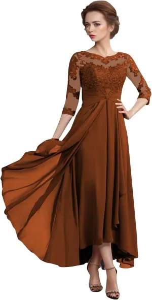 Lace Chiffon 3/4 Sleeve Mother of The Bride Dresses for Wedding High Low Formal Evening Party Gown