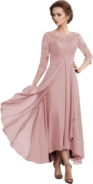 Lace Chiffon 3/4 Sleeve Mother of The Bride Dresses for Wedding High Low Formal Evening Party Gown