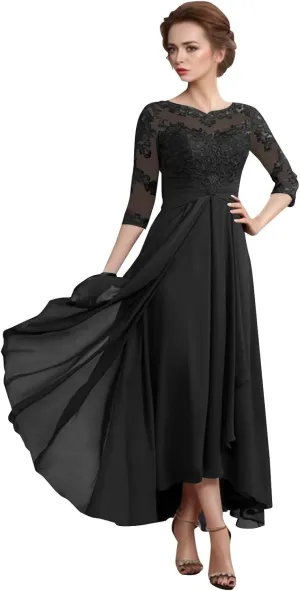 Lace Chiffon 3/4 Sleeve Mother of The Bride Dresses for Wedding High Low Formal Evening Party Gown