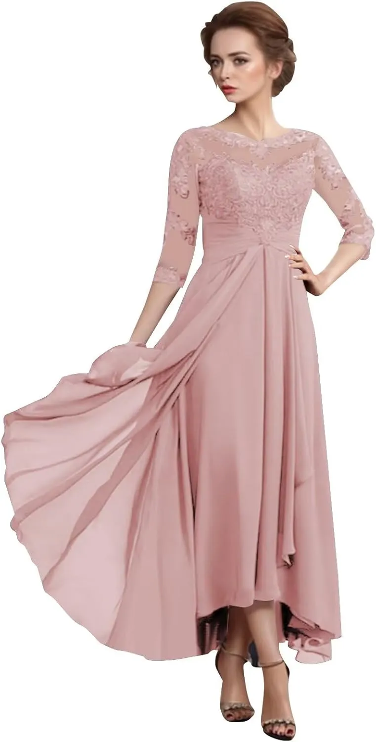 Lace Chiffon 3/4 Sleeve Mother of The Bride Dresses for Wedding High Low Formal Evening Party Gown