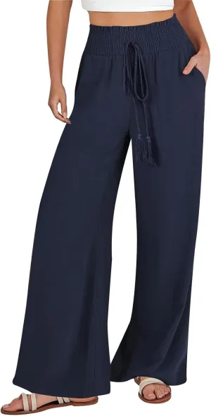 Ladies Linen Wide Leg Pants Elatic Waistband High Waisted Pants Summer Flowy Beach Pants Casual Dressy Work Palazzo Pants