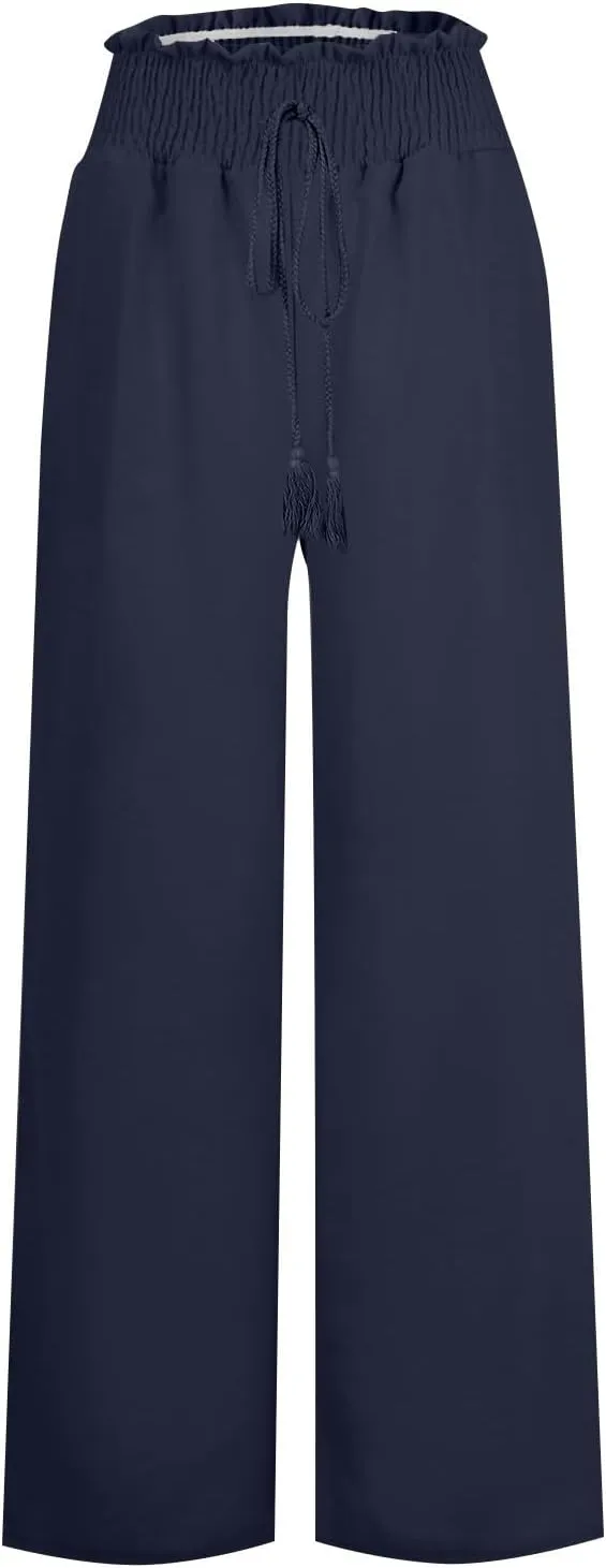 Ladies Linen Wide Leg Pants Elatic Waistband High Waisted Pants Summer Flowy Beach Pants Casual Dressy Work Palazzo Pants
