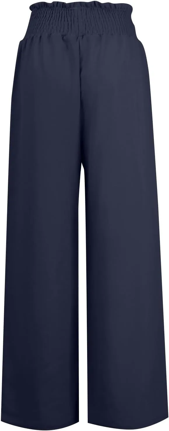Ladies Linen Wide Leg Pants Elatic Waistband High Waisted Pants Summer Flowy Beach Pants Casual Dressy Work Palazzo Pants