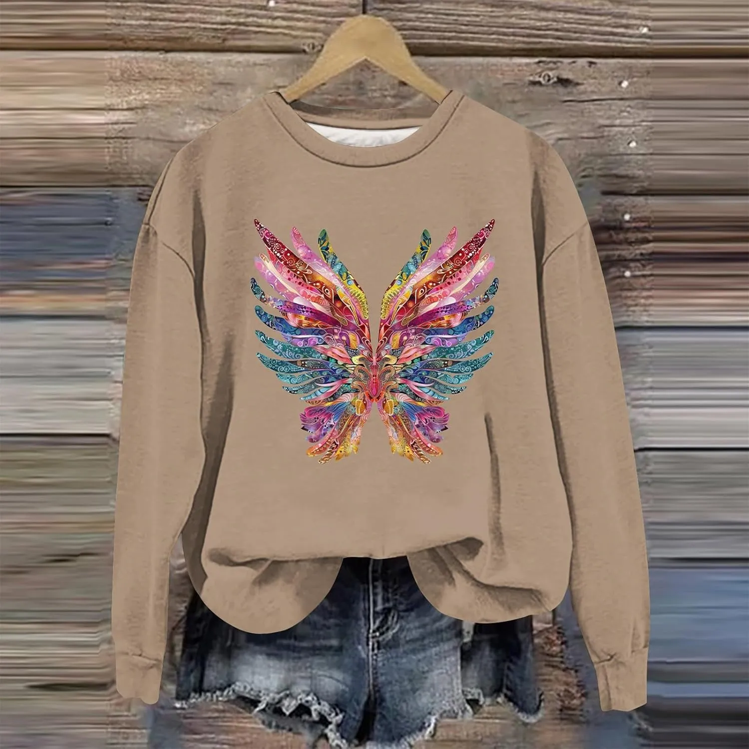 Ladies Long Sleeve Trendy Sweatshirt Dressy Crewneck Tee Casual Fashion Wing Print Tshirt Fall Pollover Trendy Tops