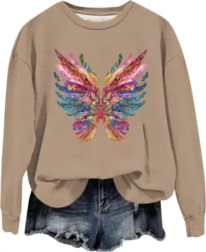 Ladies Long Sleeve Trendy Sweatshirt Dressy Crewneck Tee Casual Fashion Wing Print Tshirt Fall Pollover Trendy Tops