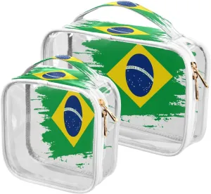 Large Clear Travel Toiletry Bag with Zippers, PVC Waterproof Travel Organizer, Brazil Flag Hand Drawn Plastic Tote Bags, 2 pcs