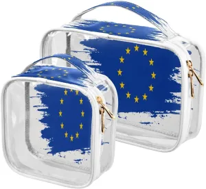Large Clear Travel Toiletry Bag with Zippers, PVC Waterproof Travel Organizer, European Union Flag Hand Drawn Plastic Tote Bags, 2 pcs