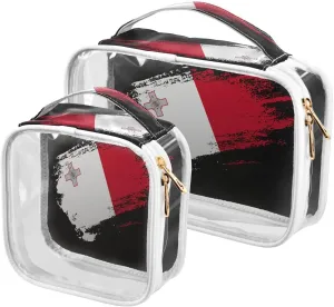 Large Clear Travel Toiletry Bag with Zippers, PVC Waterproof Travel Organizer, Malta Flag Patriotic Plastic Tote Bags, 2 pcs