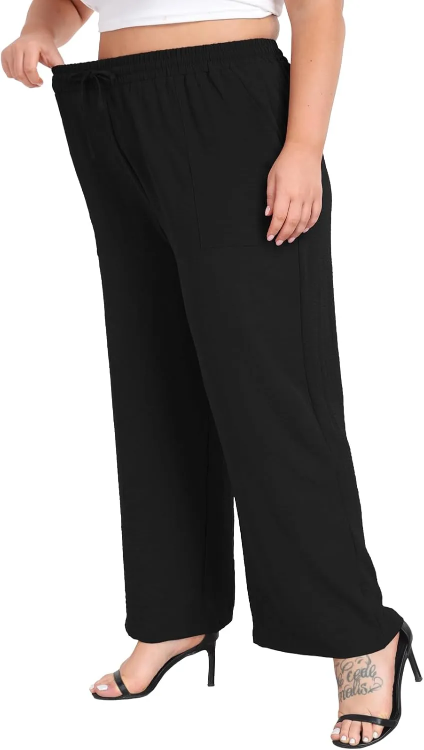 Lastshe Women's Plus Size Wide Leg Pants Summer Stretchy Drawstring Waist Comfortable Fit Casual Trousers Pants with Pockets