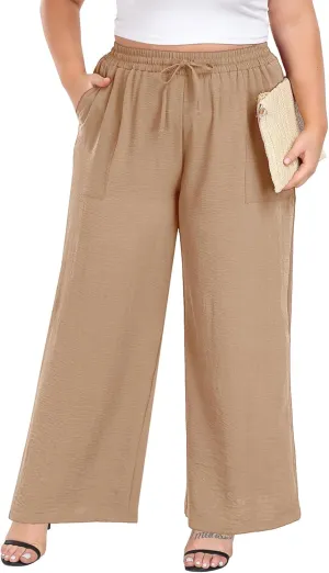 Lastshe Women's Plus Size Wide Leg Pants Summer Stretchy Drawstring Waist Comfortable Fit Casual Trousers Pants with Pockets