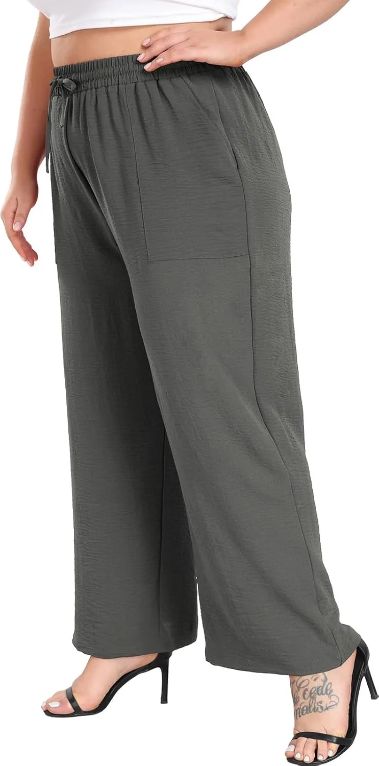 Lastshe Women's Plus Size Wide Leg Pants Summer Stretchy Drawstring Waist Comfortable Fit Casual Trousers Pants with Pockets