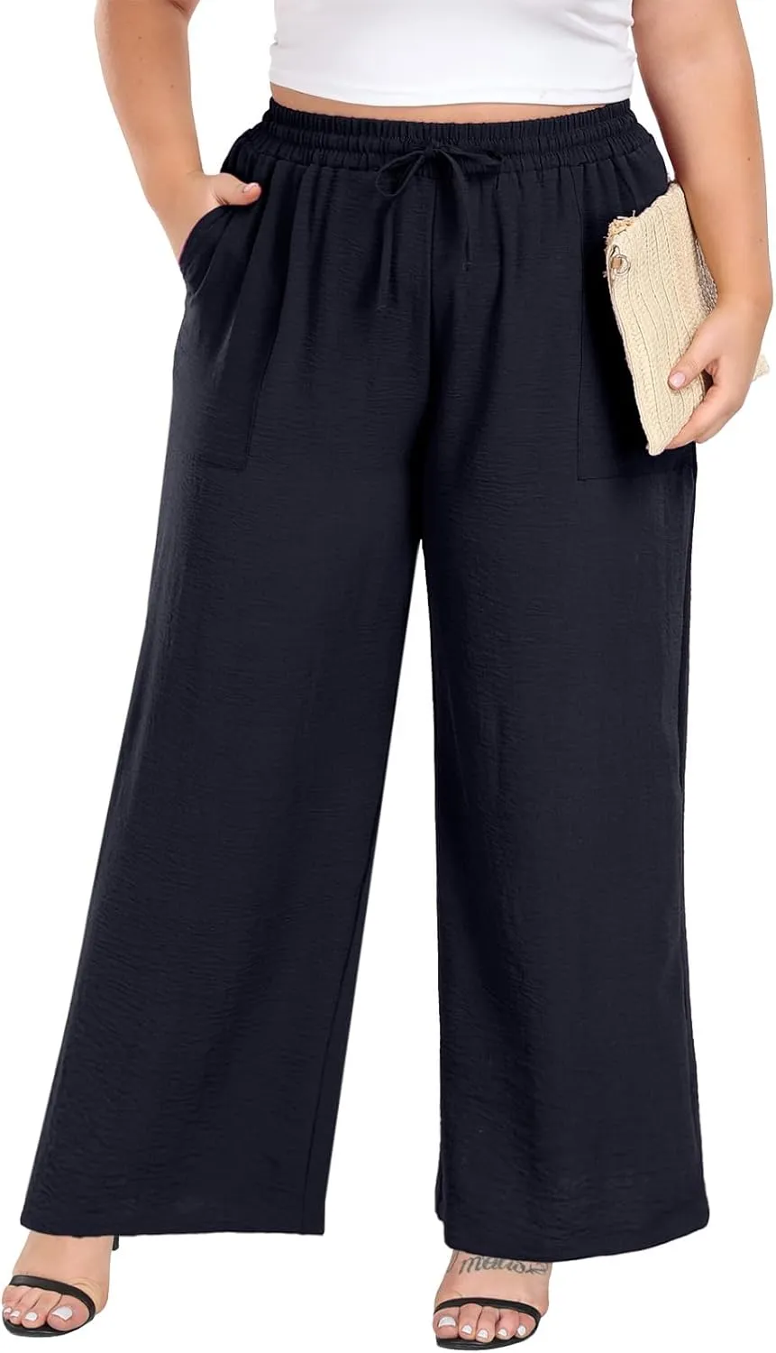Lastshe Women's Plus Size Wide Leg Pants Summer Stretchy Drawstring Waist Comfortable Fit Casual Trousers Pants with Pockets