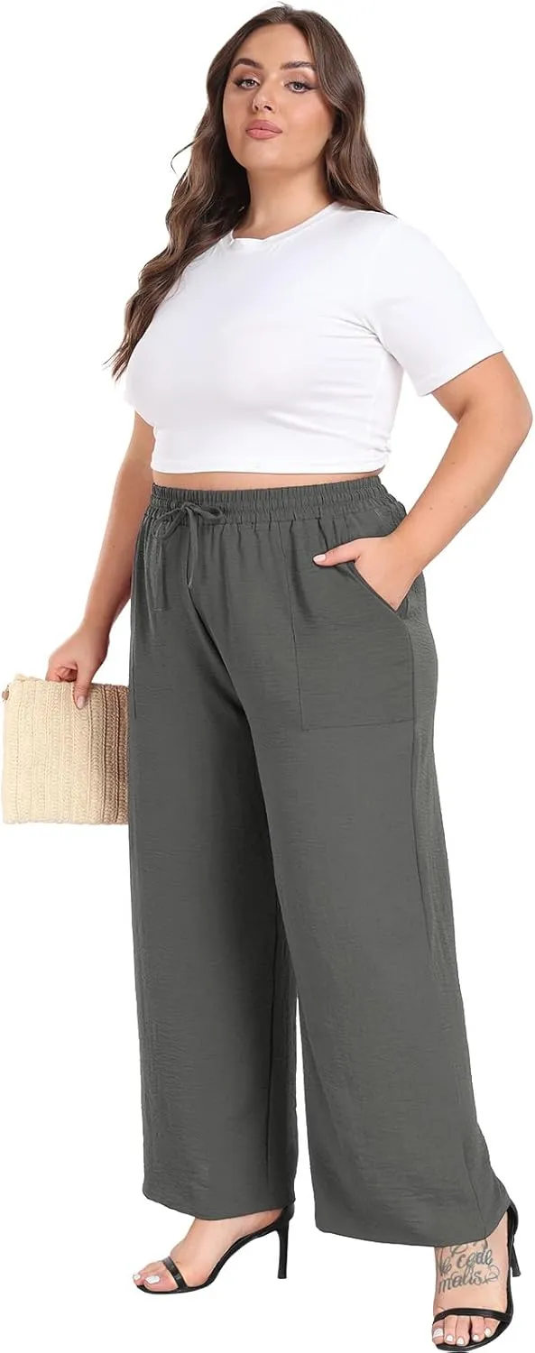 Lastshe Women's Plus Size Wide Leg Pants Summer Stretchy Drawstring Waist Comfortable Fit Casual Trousers Pants with Pockets
