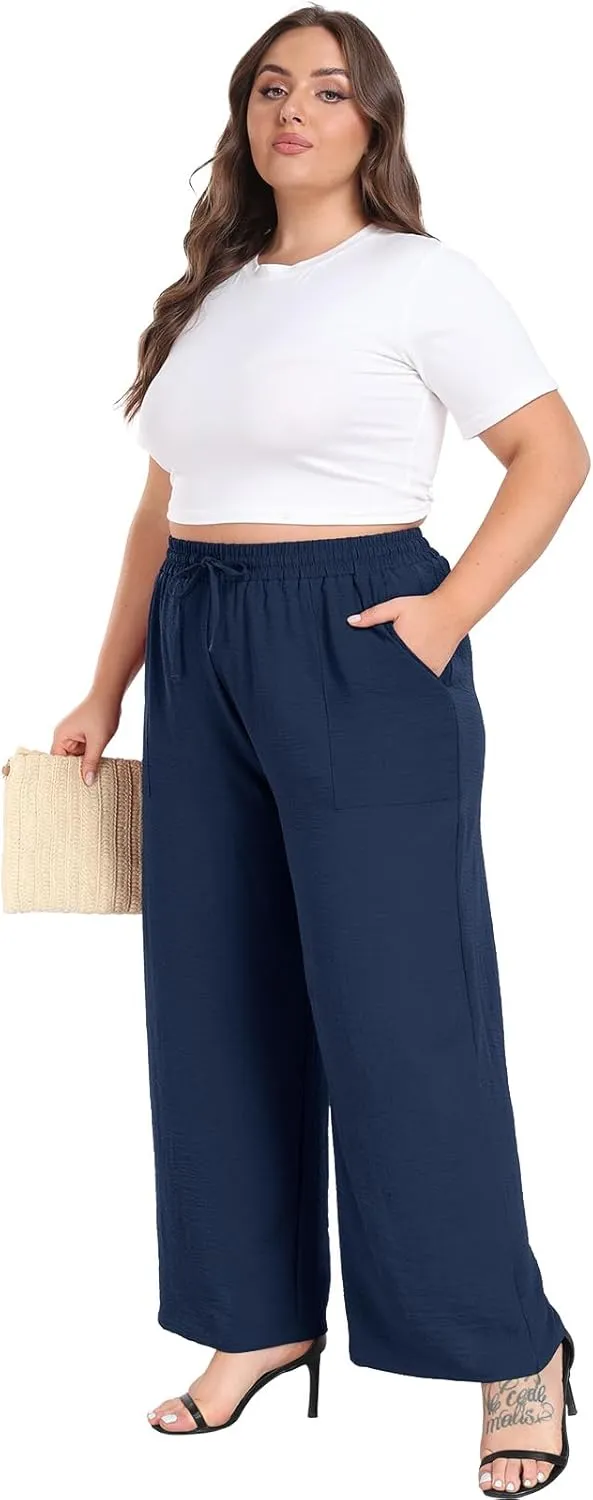Lastshe Women's Plus Size Wide Leg Pants Summer Stretchy Drawstring Waist Comfortable Fit Casual Trousers Pants with Pockets