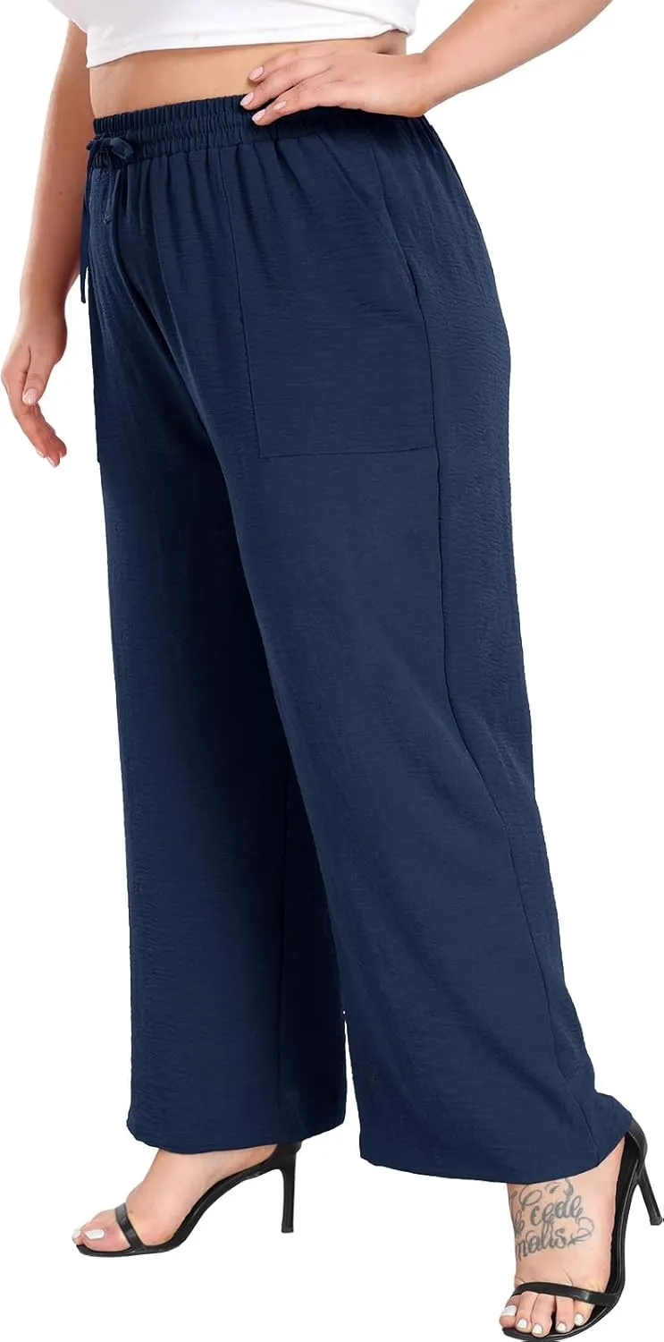 Lastshe Women's Plus Size Wide Leg Pants Summer Stretchy Drawstring Waist Comfortable Fit Casual Trousers Pants with Pockets