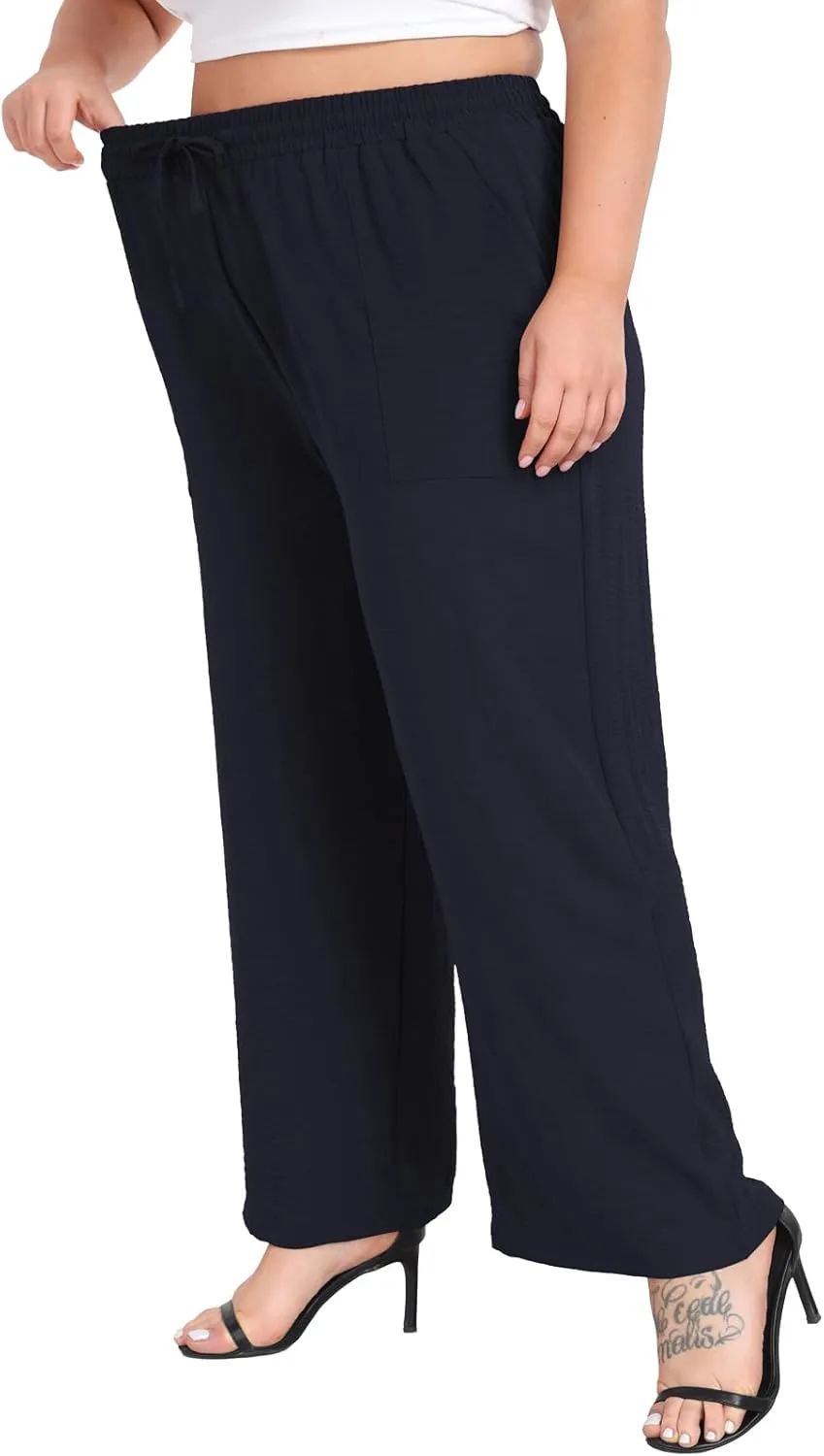 Lastshe Women's Plus Size Wide Leg Pants Summer Stretchy Drawstring Waist Comfortable Fit Casual Trousers Pants with Pockets