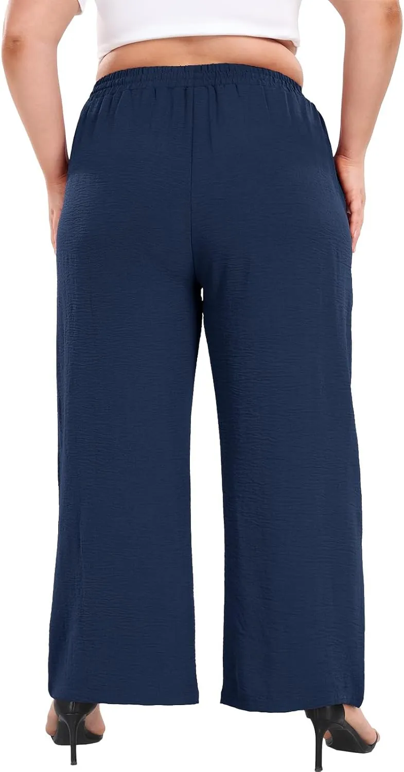 Lastshe Women's Plus Size Wide Leg Pants Summer Stretchy Drawstring Waist Comfortable Fit Casual Trousers Pants with Pockets