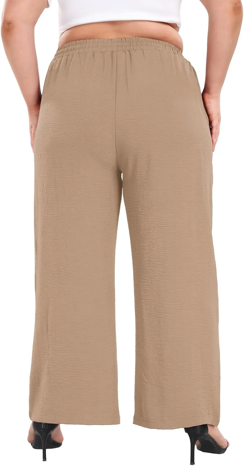 Lastshe Women's Plus Size Wide Leg Pants Summer Stretchy Drawstring Waist Comfortable Fit Casual Trousers Pants with Pockets