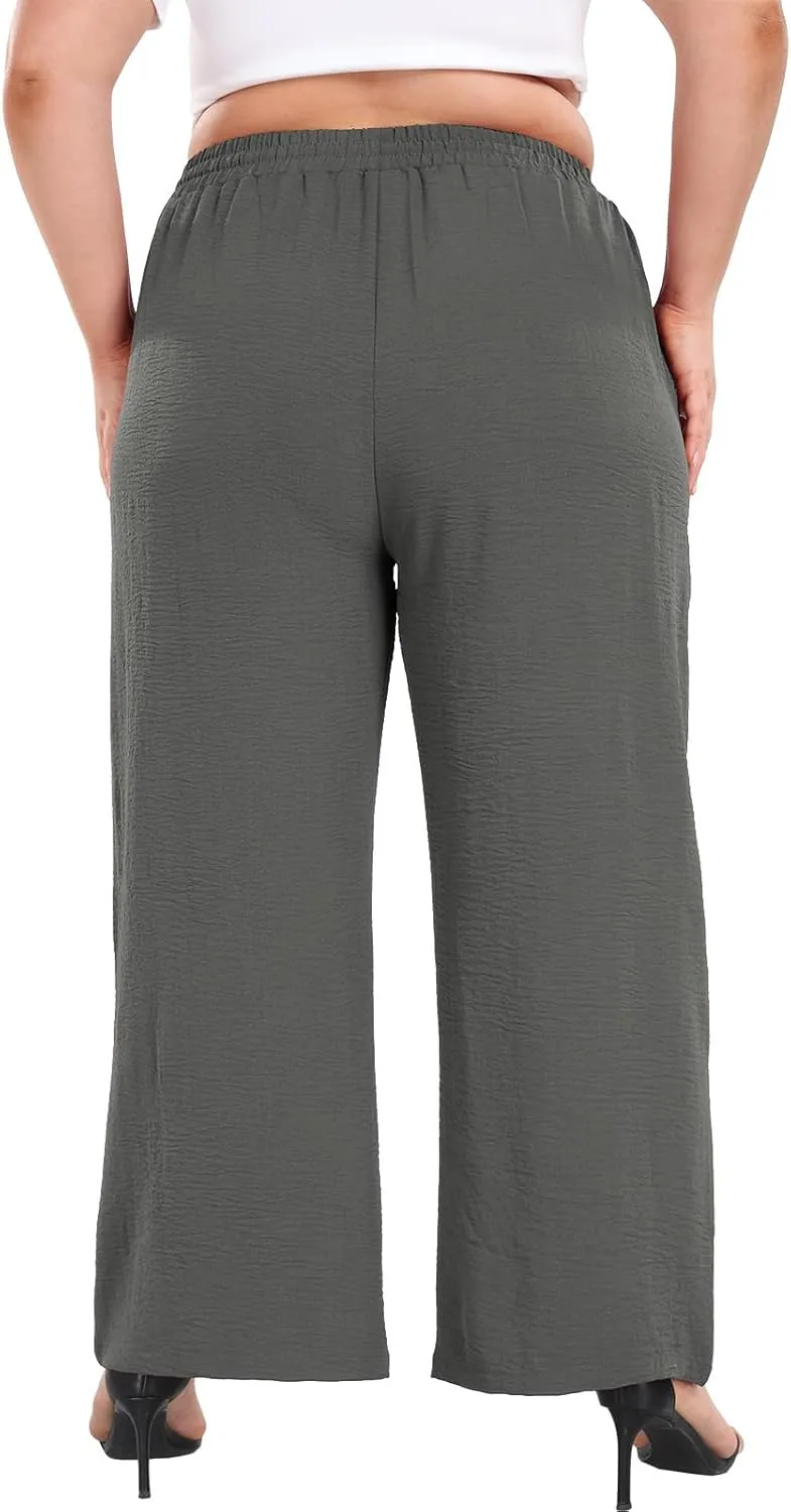 Lastshe Women's Plus Size Wide Leg Pants Summer Stretchy Drawstring Waist Comfortable Fit Casual Trousers Pants with Pockets