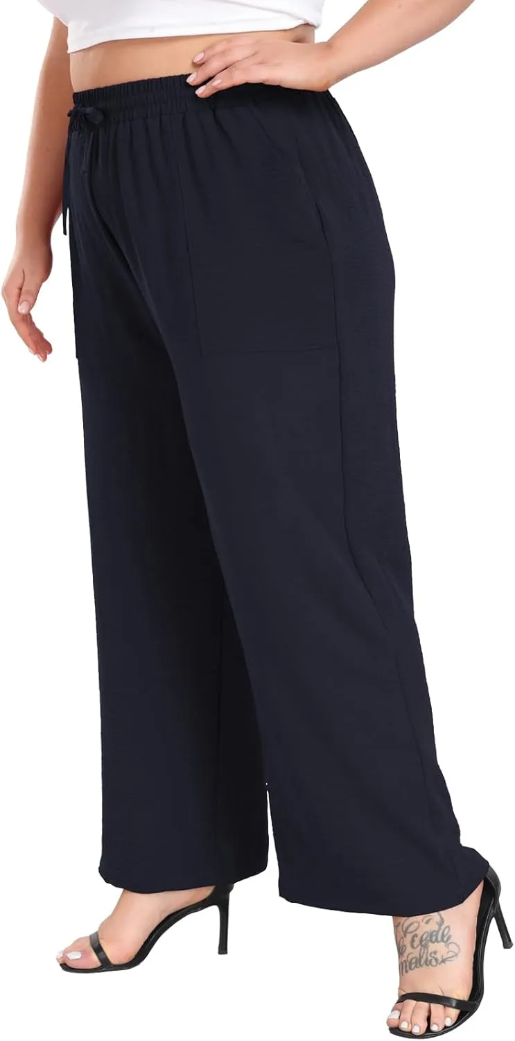 Lastshe Women's Plus Size Wide Leg Pants Summer Stretchy Drawstring Waist Comfortable Fit Casual Trousers Pants with Pockets
