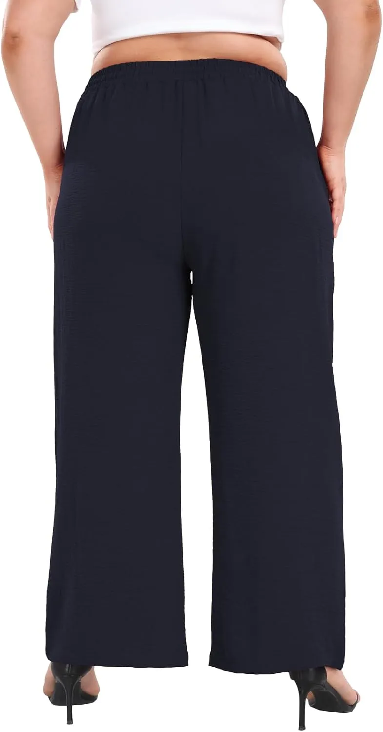 Lastshe Women's Plus Size Wide Leg Pants Summer Stretchy Drawstring Waist Comfortable Fit Casual Trousers Pants with Pockets