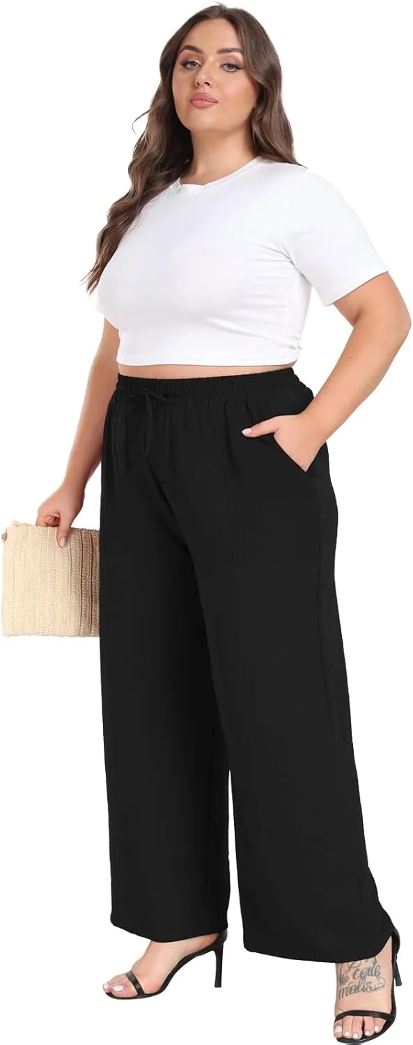 Lastshe Women's Plus Size Wide Leg Pants Summer Stretchy Drawstring Waist Comfortable Fit Casual Trousers Pants with Pockets