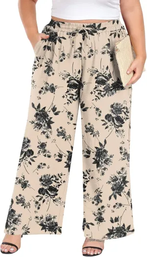 Lastshe Women's Plus Size Wide Leg Pants Summer Stretchy Drawstring Waist Comfortable Fit Casual Trousers Pants with Pockets