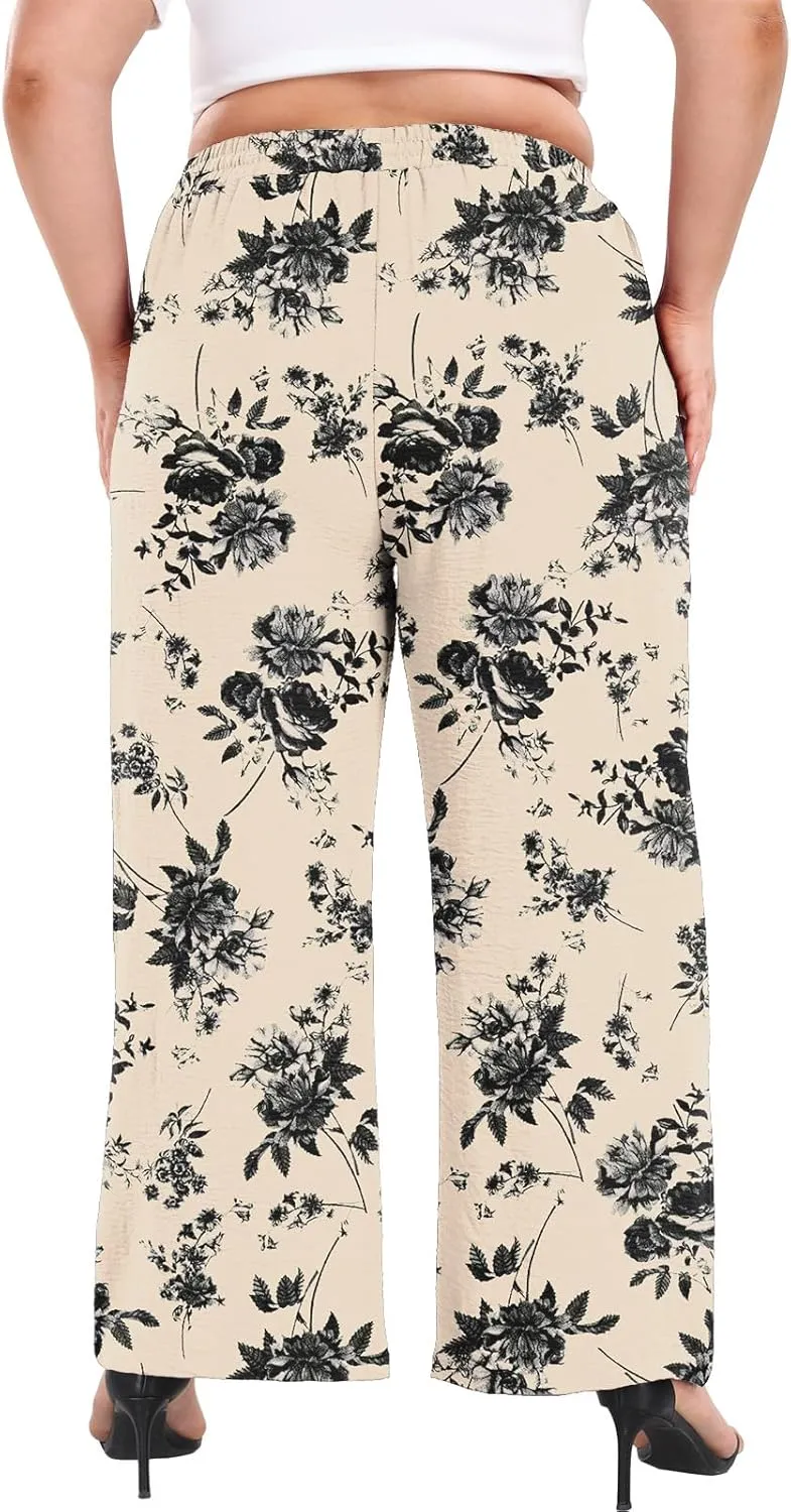 Lastshe Women's Plus Size Wide Leg Pants Summer Stretchy Drawstring Waist Comfortable Fit Casual Trousers Pants with Pockets