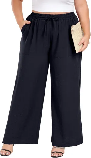 Lastshe Women's Plus Size Wide Leg Pants Summer Stretchy Drawstring Waist Comfortable Fit Casual Trousers Pants with Pockets