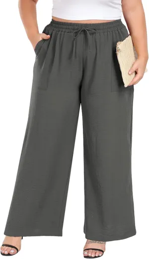 Lastshe Women's Plus Size Wide Leg Pants Summer Stretchy Drawstring Waist Comfortable Fit Casual Trousers Pants with Pockets