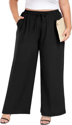 Lastshe Women's Plus Size Wide Leg Pants Summer Stretchy Drawstring Waist Comfortable Fit Casual Trousers Pants with Pockets