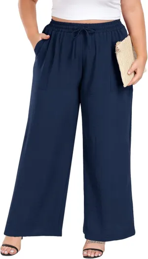 Lastshe Women's Plus Size Wide Leg Pants Summer Stretchy Drawstring Waist Comfortable Fit Casual Trousers Pants with Pockets